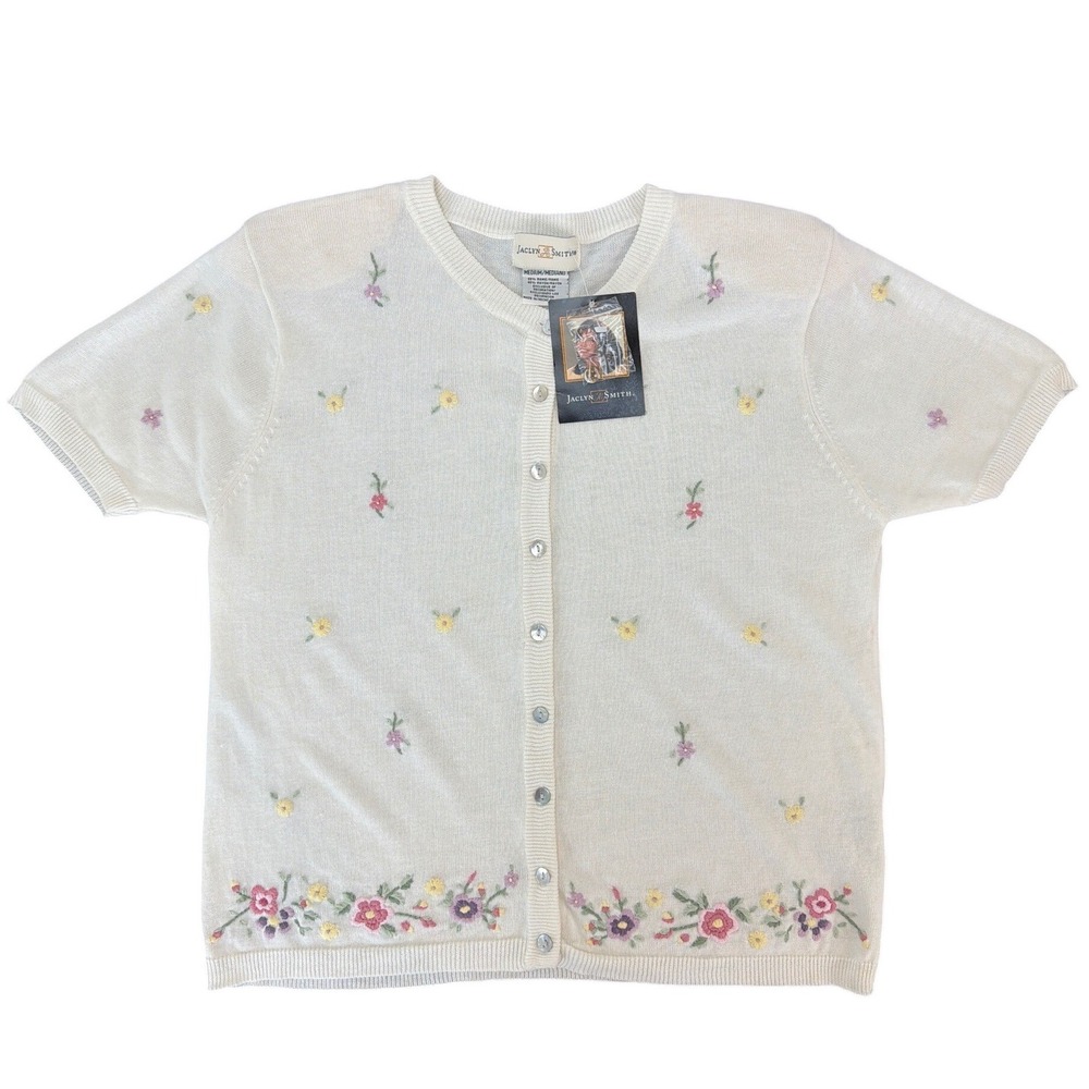 Vtg Jaclyn Smith Off White Floral Embroidered Short Sleeve Knit Top‎ Cardigan M
